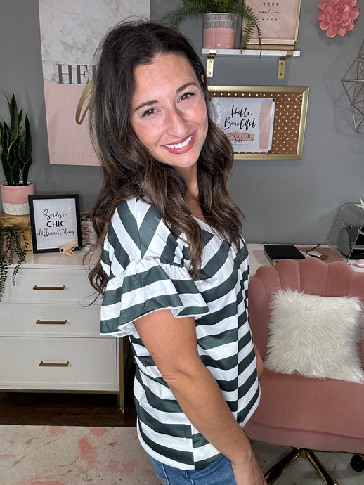 Striped V-Neck Ruffle Sleeve Top